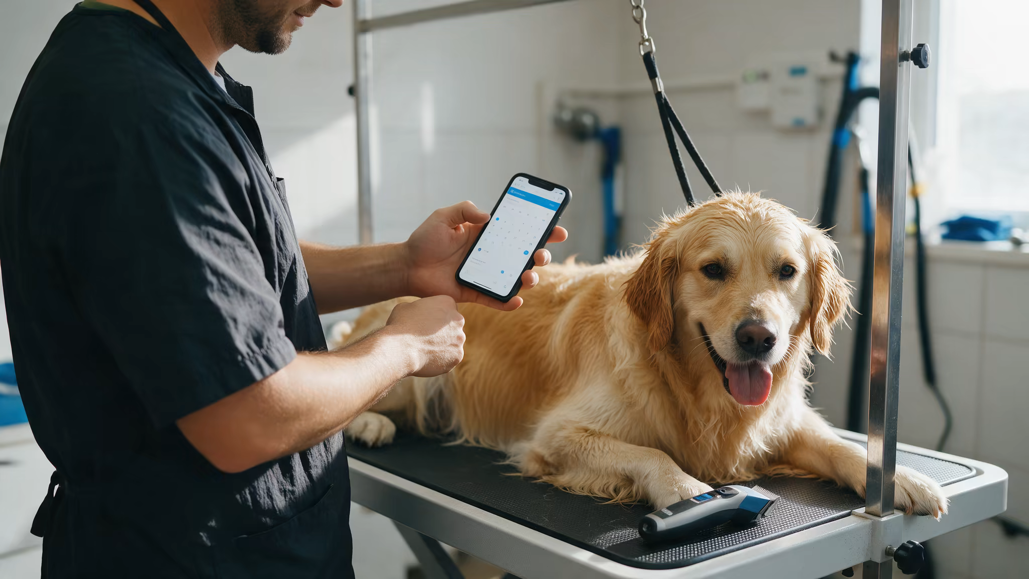 Peluquera canina consultando las citas en el móvil junto a la mesa de peluquería