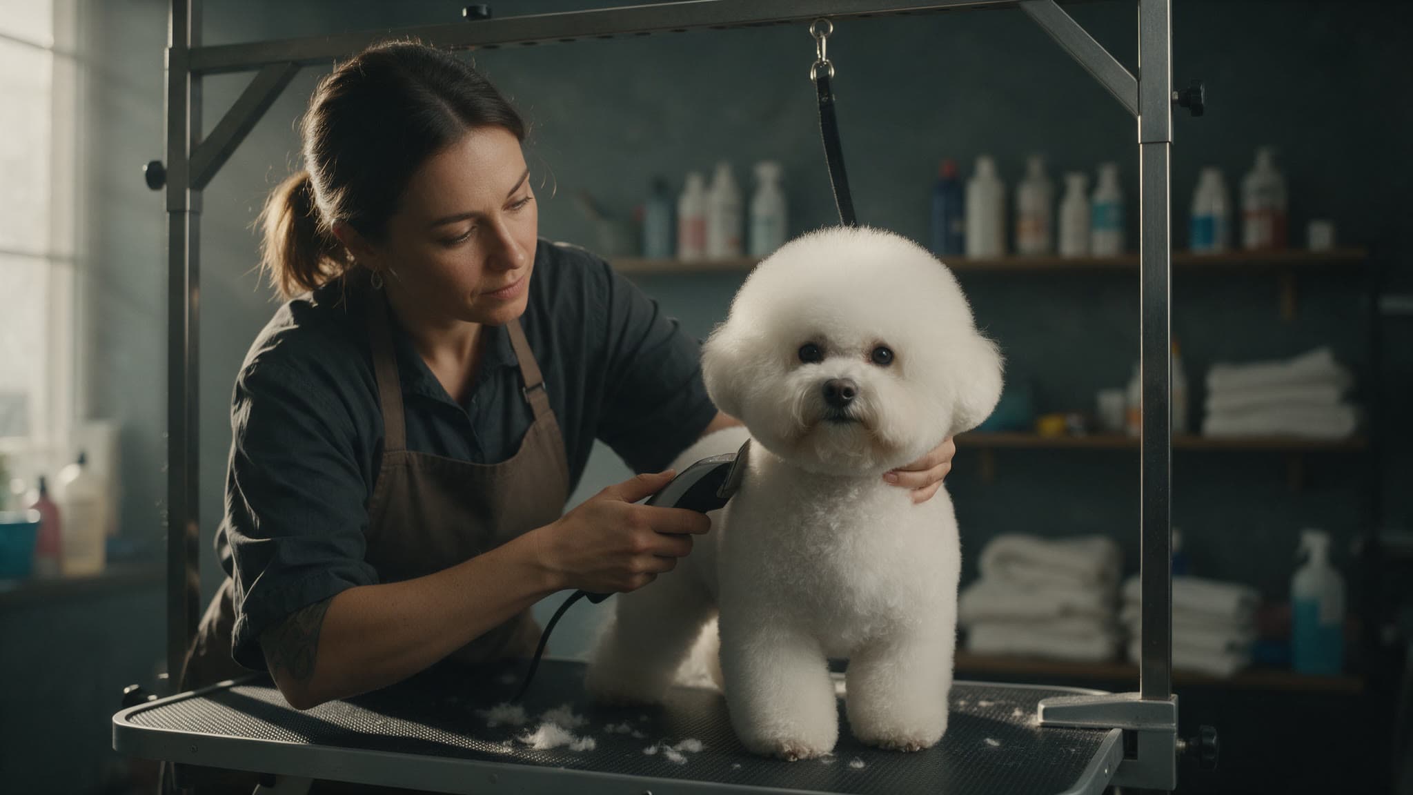 Peluquera canina cortando el pelo a un perro sobre la mesa de peluquería en una peluquería canina